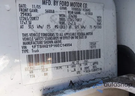 2006 Ford F-250 Lariat/Xl/Xlt z USA, uszkodzony, nr VIN 1FTSW21P16EC14554